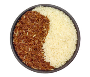 Bowl of brown and white rice